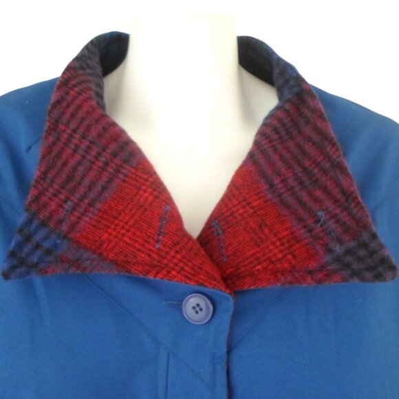 Vintage PORTRAIT Reversible Poncho Cape Blue Patchwork Plaid Print - Picture 6 of 12